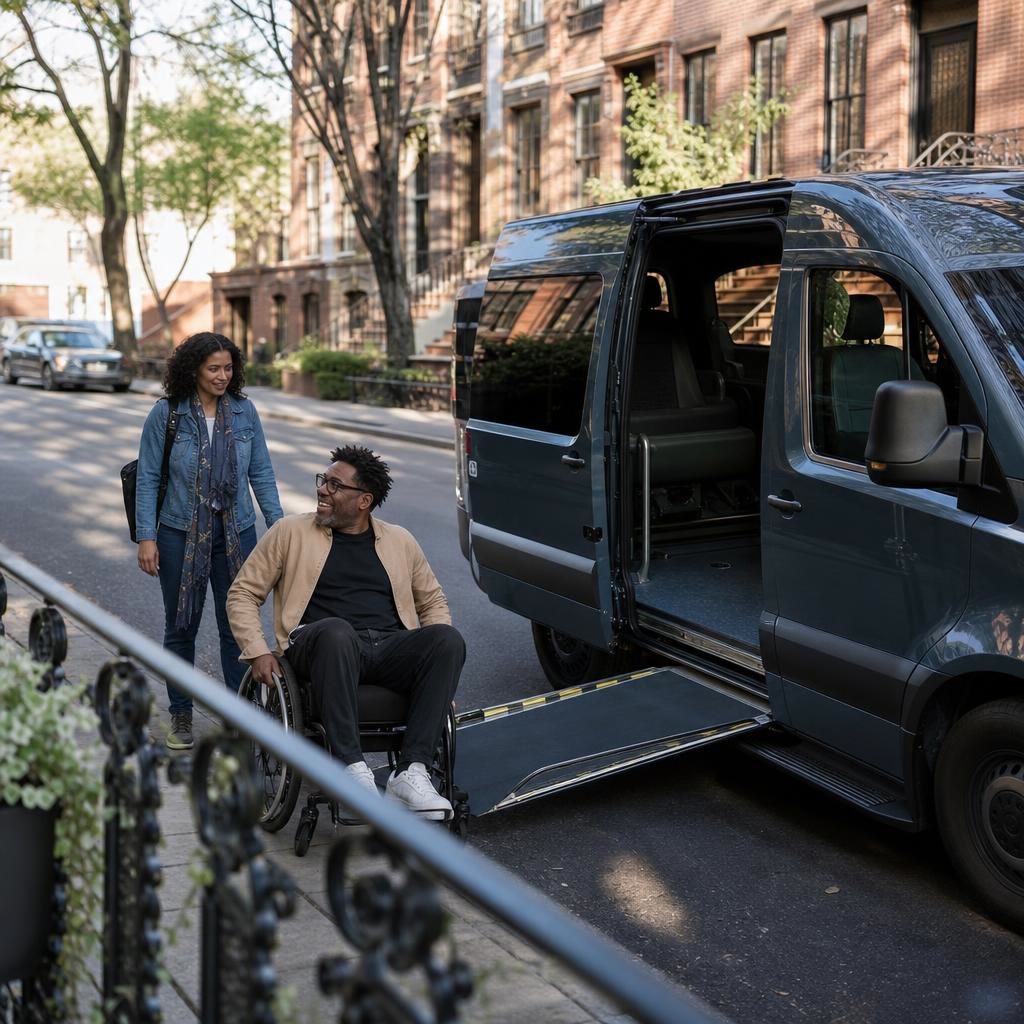 Illustrative scene of a wheelchair user beside a ramp-equipped vehicle on a New York street