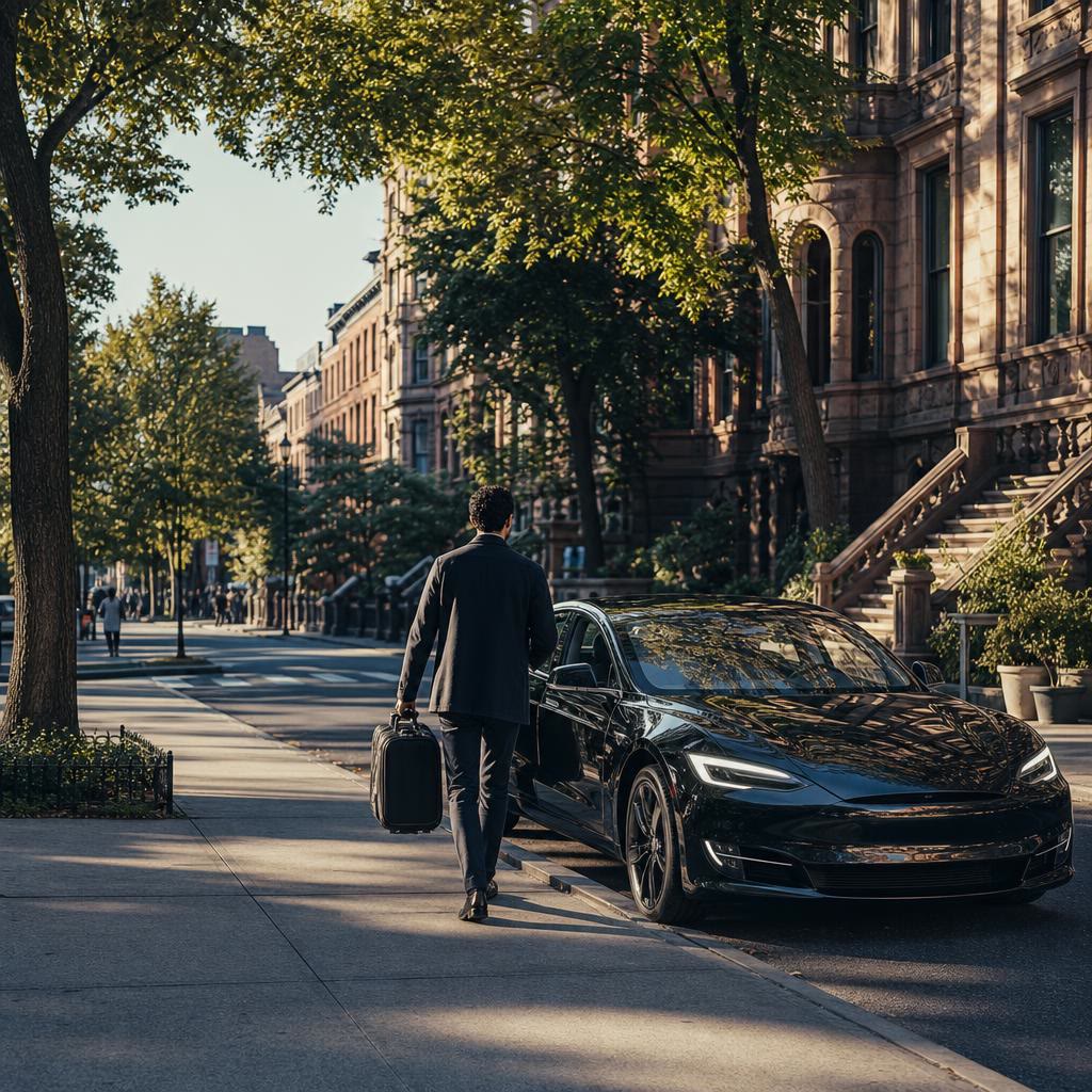 Illustrative scene of a traveler approaching a car on a tree-lined New York street